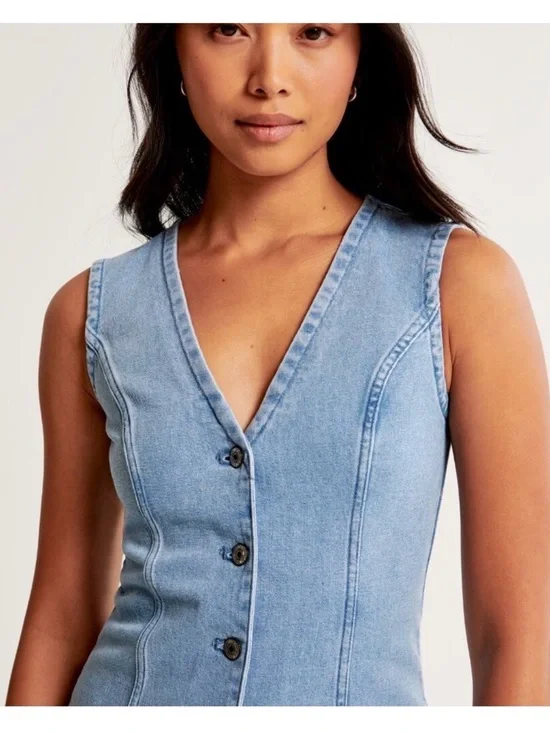 Abercrombie & Fitch Light Blue Sleeveless Button-Front Midi Dress - Picture 2 of 6